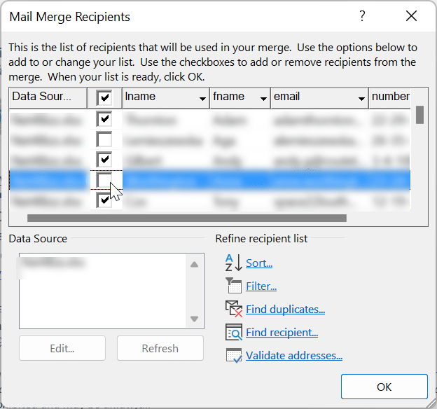 Mail merge recipients