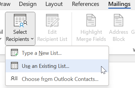 Recipients -> Use an Existing list