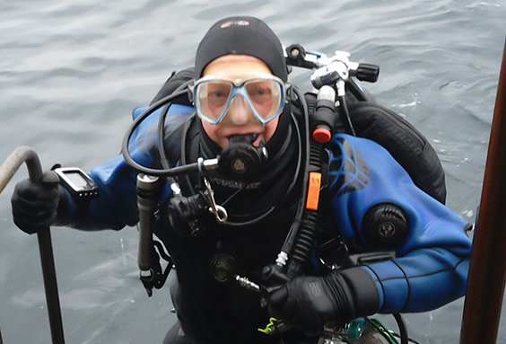 Andy Gilbert on a dive lift in Scapa Flow