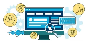 An illustration of a computer screen with a magnifying glass surrounded by various accessibility icons