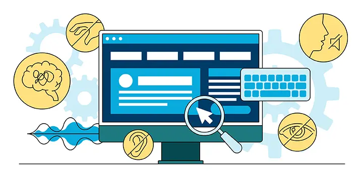 An illustration of a computer screen with a magnifying glass surrounded by various accessibility icons