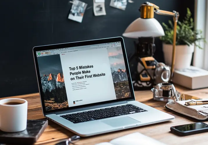 top-5-mistakes-people-make-on-their-first-website A loptop open on a webpage entitled Top 5 Mistakes People Make on Their First Website