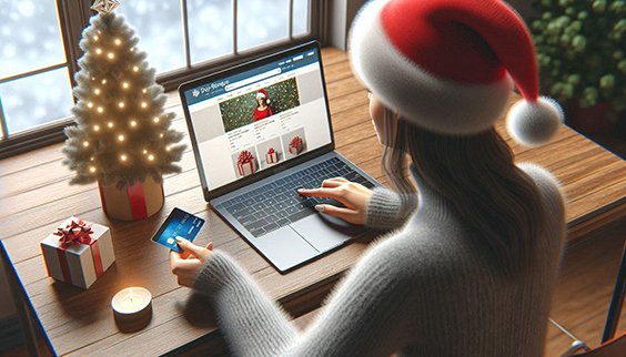 Woman wearing a Santa hat at a keyboard by a window