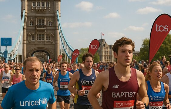 London Marathon runners come over Tower Bridge