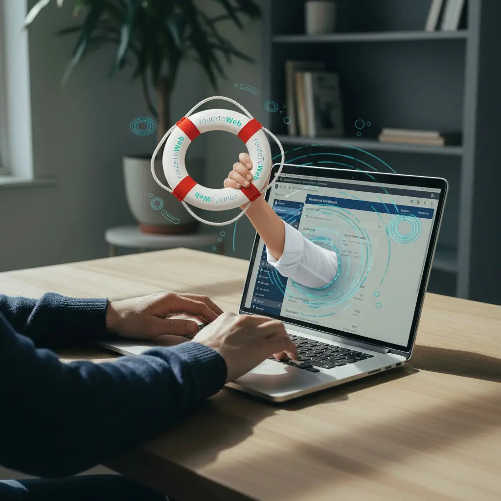Website Rescue. A hand holding a life buoy extends out from a laptop screen