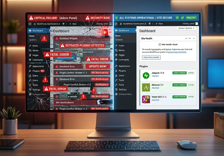 WordPress dashboards split between a warning and normal