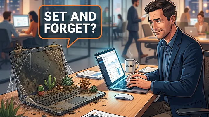 An illustration of a man looking ata laptop covered in cobwebs with the speach bubble Set and forget