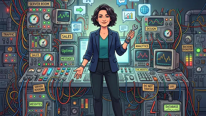 Woman with a spanner in front of a control panel