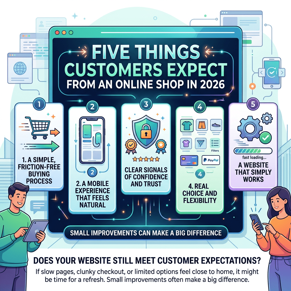 An infor -style graphic listing the 5 things customers expect from an online shop in 2026