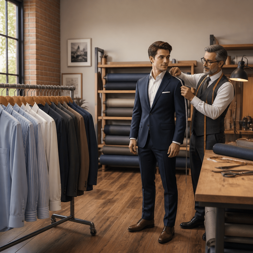 Inside a tailor's shop. A man stands wearing a suit jacket while the tailor measures his shoulder.
